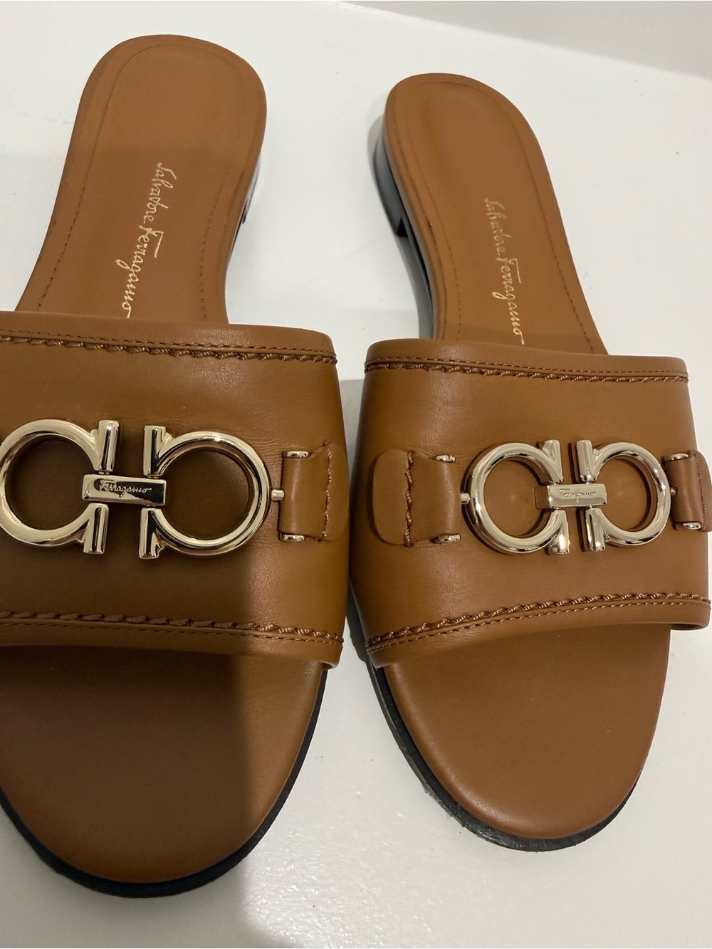 Salvatore Ferragamo Brown Leather Gancini Slide Sandals - Picture 2 of 6